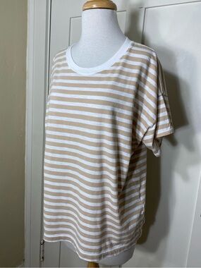 J. Crew Beige White Striped Crew Neck Classic Relax Tee T-shirt 100% Cotton L